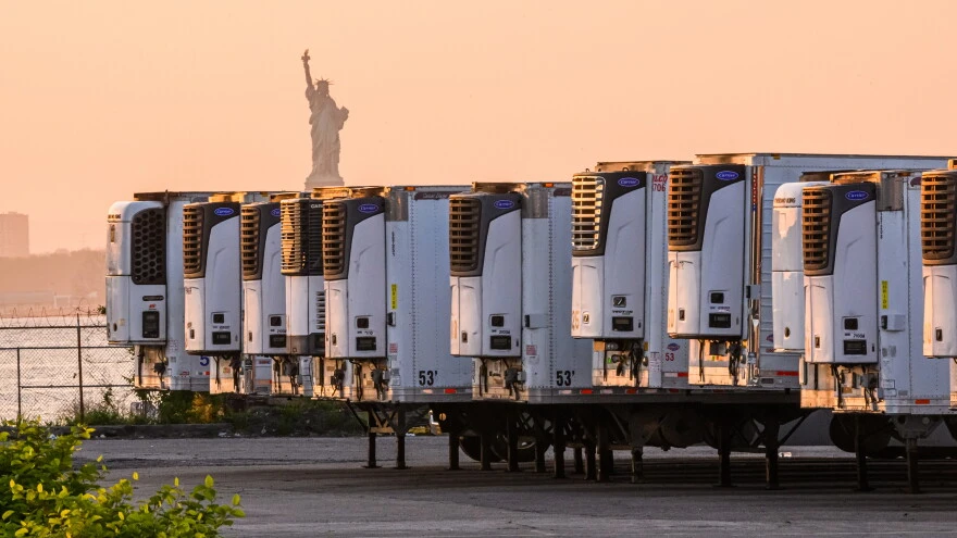 Refrigerated trucks serving as temporary morgues, with the Statue of Liberty visible in the background, during the COVID-19 pandemic in New York City.